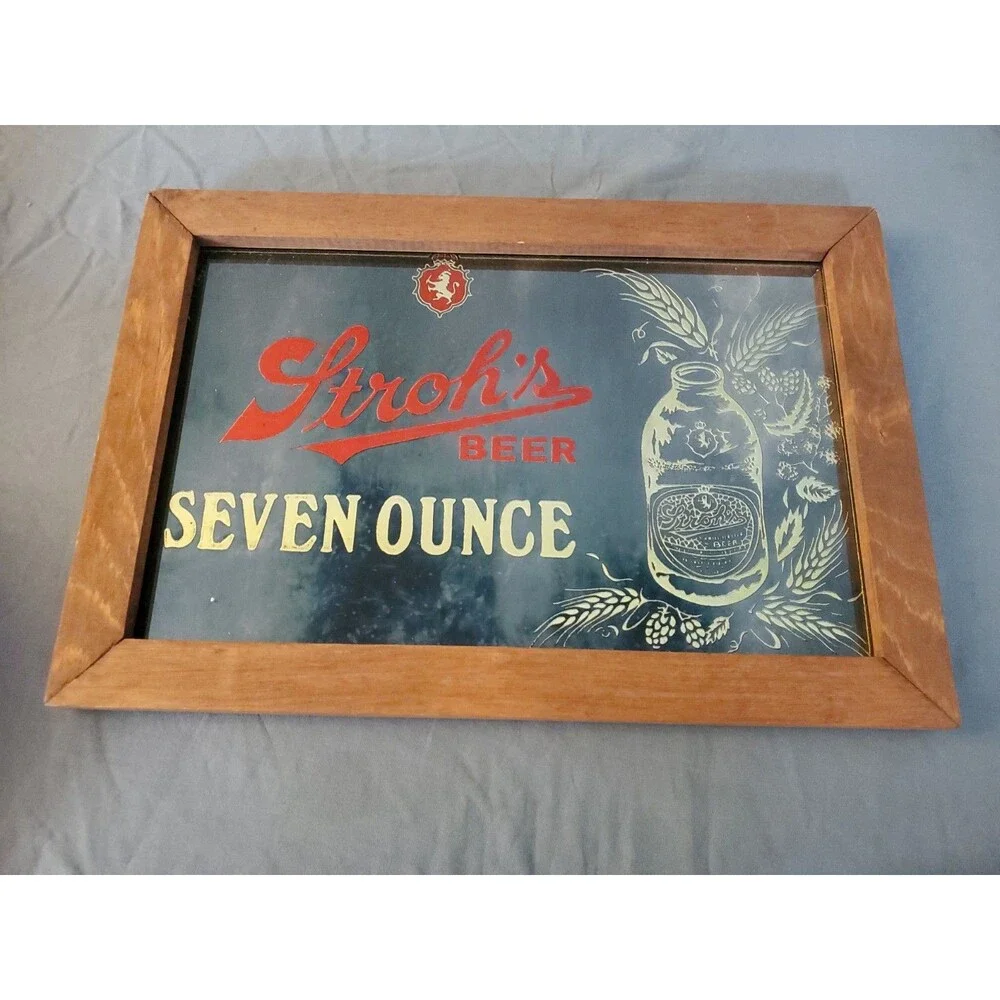 Vtg Antique Stroh's Beer Seven Ounces Mirror Sign Advertisement W/ Wooden Frame